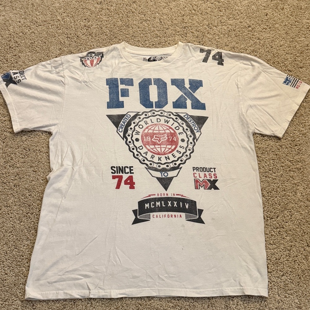 Fox White T-Shirt with Blue and Red Design